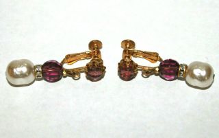 Vintage Miriam Haskell Dangle Clip Earrings Faux Pearl Purple Beads Signed