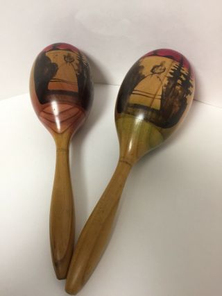 Vintage Wood Volcano Maracas Shakers Music Percussion Hand Painted 11 1/2 " Vgc