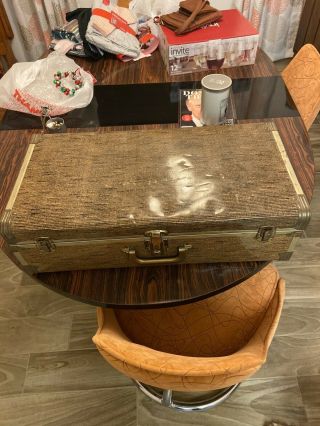 Vintage Metal Suitcase 1940s? Or Older.  24x12x8 Ratan Look Metal Clad Wood Case