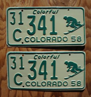 1958 Colorado Winter Skier License Plate Pair / Set - Unissued