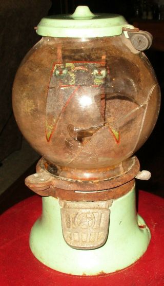 Early Columbus1900 1 Cent Antique Gumball Machine,  Cracked Globe,  No Bottom