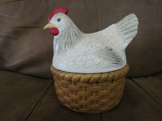 Hen On Nest Vintage Hand Crafted Ceramic Chicken On Woven Basket