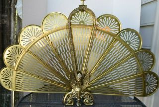 Vintage Brass Fireplace Screen Folding Fan Griffin Gryphon Gargoyle Phoenix
