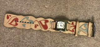 Vtg Fossil Ladies Wrist Watch W/date And Leather Band Red & Blue Hearts