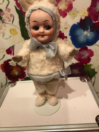 5 1/2 In Antique Dolls German Bisque Doll Googly Kewpie In The Bunny Costume