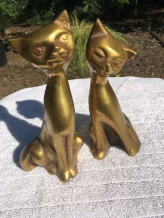 Vintage Brass Siamese Cat Figurines Set Of Two.  Long Neck 7.  25 " Tall.