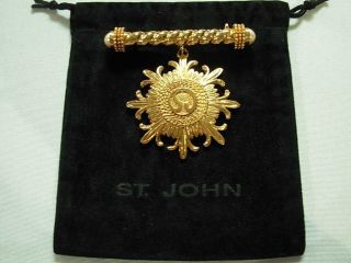 Vintage St.  John Gold Tone Faux Pearl Brooch Pin W/ Dangling " Sj " Logo Medallion