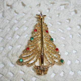 Vintage Signed Tancer Ii Rhinestone Christmas Tree Brooch Pin Gold Tone C39