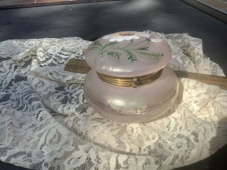 Vintage Powder Jar Hinged Lid Hand Painted Pink Satin Glass 3