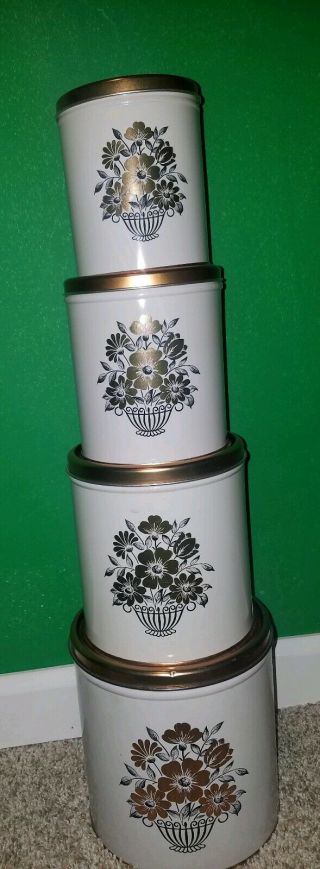 Vintage Mid - Century Retro Canisters Set Of 4 Floral Decoware Usa Tan Gold