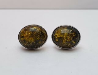 Vintage 925 Solid Sterling Silver And Green Baltic Amber Cabochon Stud Earrings
