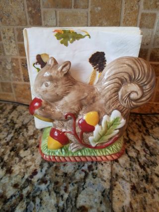 Vintage Ceramic Squirrel Napkin Holder Autumn Thanksgiving Acorns Oak Leaves