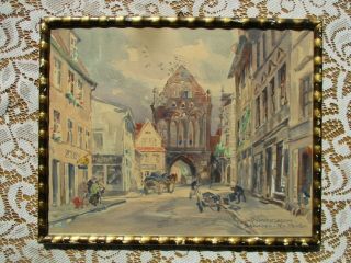 Vintage Framed Watercolor Of Street Scene In Schivelbein Betty Jacobshagen