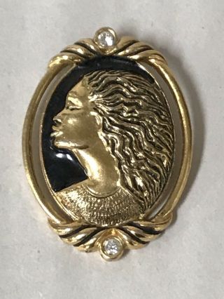 Vintage Coreen Simpson Cameo Pin Brooch Pendant Gold Tone Crystal Accents