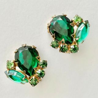 D&e Juliana Vintage Emerald Green Pear Glass Flower Rhinestone Clip Earrings 155
