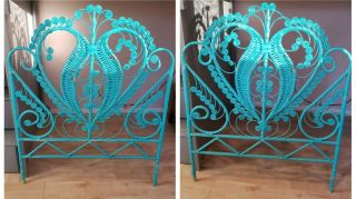 2pc Set Vintage Wicker Peacock Twin Bed Headboards Turquoise Blue Bedroom Decor