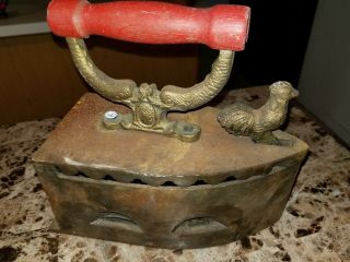 Vintage Charcoal Very Heavy Metal Sad Iron Clothes Press With Rooster Latch