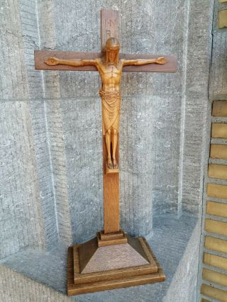 Antique Vintage Art Deco Wood Cross Crucifix Carved Wood Jesus Christ Corpus