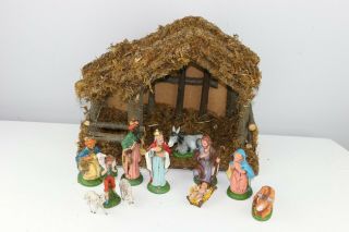 Vintage Italian Presepio Creche Nativity Set - 10 Figures Plus Stable