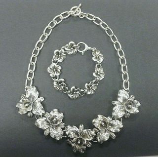 Unique Vintage Sterling Silver Flower Design Necklace And Bracelet Set Jj09