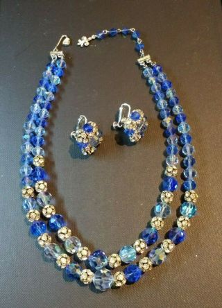 Vintage Vendome Rhinestones & Blue Bead Necklace And Clip On Earrings Set Signed