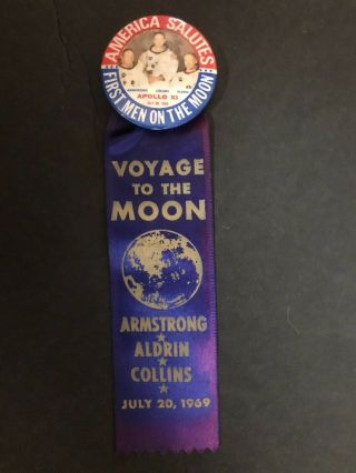 Vintage 1969 Nasa Apollo 11 Voyage To The Moon Pin And Ribbon