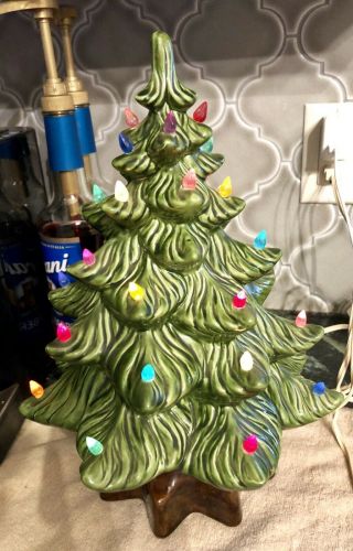 13 - 1/2” Vintage Ceramic Christmas Tree Light Up Atlantic Mold Brown Star Base