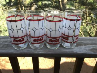 Vintage Set Of 4 Coca - Cola Coke Frosted Stained Tiffany Style Drinking Glasses