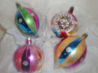 4 Large Jumbo Vintage Hand Painted Glitter Christmas Ornaments - Drops,  Indent