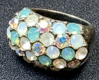 Signed Agatha Vintage Ring Size 7 Heavy Silver Tone Pastel Faceted Ab Rhinestone
