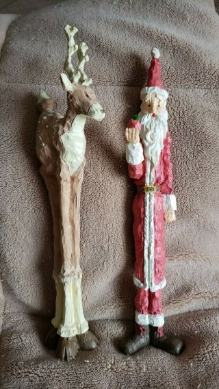 Unique Unusual Tall Thin Santa Clause Claus And Reindeer Figurine Set Vintage