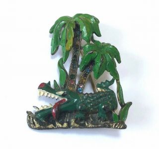 Vintage Silver Metal Enamel Tropical Palm Tree Alligator Brooch Pin Floridiana