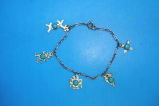 Vintage Sterling Silver Southwest Native Turquoise Charm Bracelet - - 7.  5 "