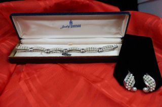 Vtg Jewels By Trifari Silver And Pearl Bracelet & Clip Earrings