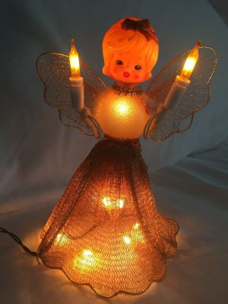Vintage 6 1/2” Tall Lighted Gold Net Angel Tree Topper With Bubble Body