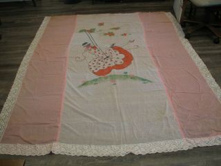 SWEET Vintage Art Deco SHEER Bedspread HAND EMBROIDERED & PAINTED 2