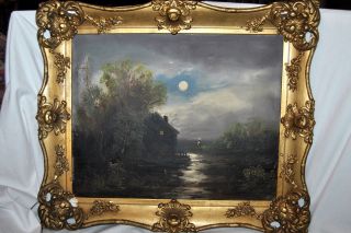 Antique Old Luminist Impressionist Oil Painting Landscape With Home Scene 19c
