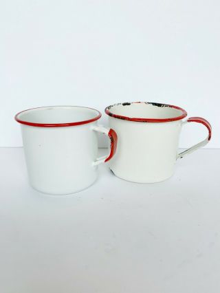 Vintage Red And White Enamelware Two Cup Drinking Camping Mug Retro Rustic