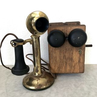 Antique 1914 Western Electric Brass Candlestick Phone Oak Crank Ringer Box 20bc