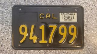 1963 Black California Motorcycle License Plate,  1969 Validation,  Dmv Clear,  Ex