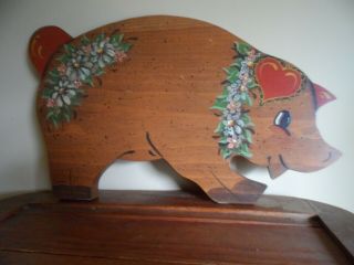 Vintage Wooden Hand Painted Pig Cutting Board 16 1/2 " X 9 1/8 " Folk Art