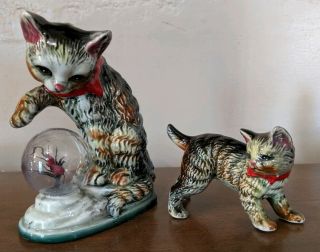Vintage Ceramic Cat With Fish Figurine And Baby Kitten With Red Bows