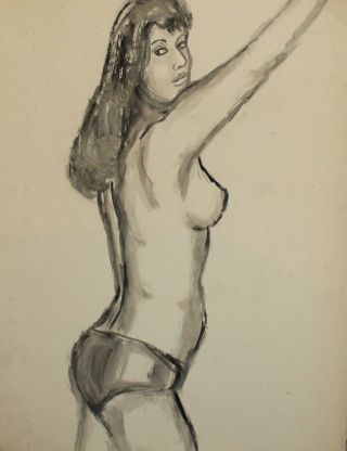 Vintage Nude Girl Portrait Watercolor Painting