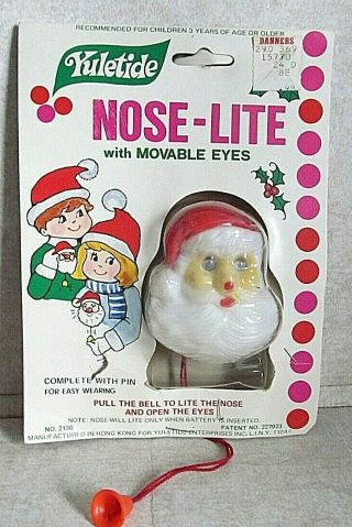 Vintage Santa Light Up Nose Pull Bell Pin Lapel In Pkg Christmas