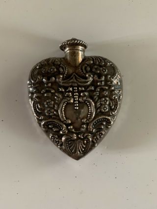 Vintage Solid Sterling Silver Large 3d Heart Perfume Flask/bottle Pendant