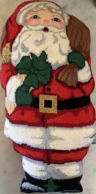 Vintage Hand Crafted Needlepoint Santa Claus Small Christmas Pillow Approx 13x7