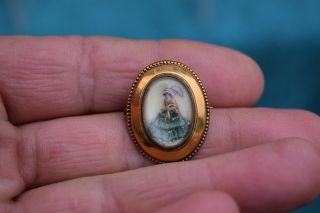 Vintage TLM Thomas L Mott Brooch Hand Painted Crinoline Lady.  Gold Tone Mount. 3