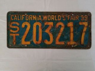 Vintage 1939 California Worlds Fair 39 St 203217 License Plate