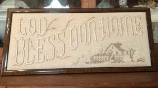 Antique Sampler Bless Our Home Cross Stitch Candlewick Linen Vintage Framed 2