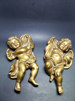 Set Of 2 Vintage Homco Gold Cherub Angel Wall Plaques 1120 Nicely Aged